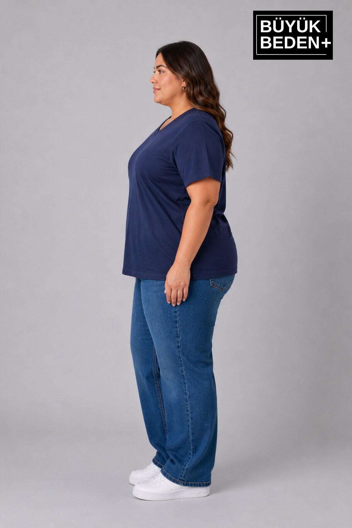 Süperlife Büyük Beden Kadın V Yaka Pamuklu Basic Tişört Lacivert 3XL-6XL SPR26BTSK509