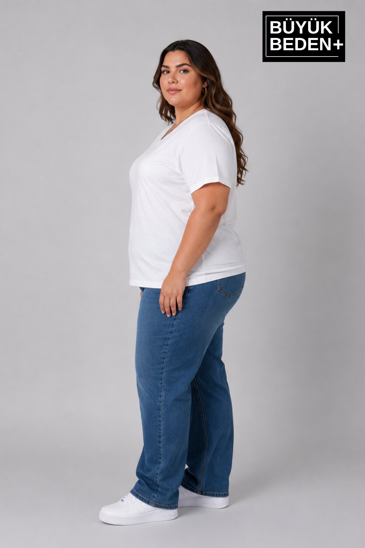 Süperlife Büyük Beden Kadın V Yaka Pamuklu Basic Tişört Lacivert 3XL-6XL SPR26BTSK509