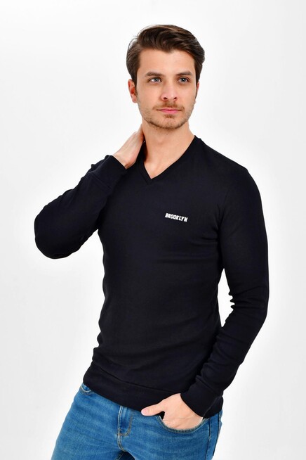 Süperlife V Yaka Uzun Kollu Dar Kalıp İnce Erkek Sweatshirt SPR 2019K19