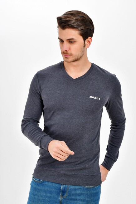 Süperlife V Yaka Uzun Kollu Dar Kalıp İnce Erkek Sweatshirt SPR 2019K19