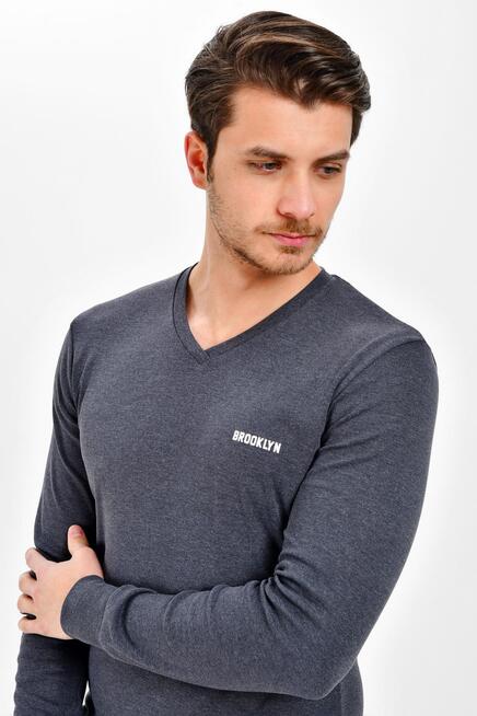 Süperlife V Yaka Uzun Kollu Dar Kalıp İnce Erkek Sweatshirt SPR 2019K19