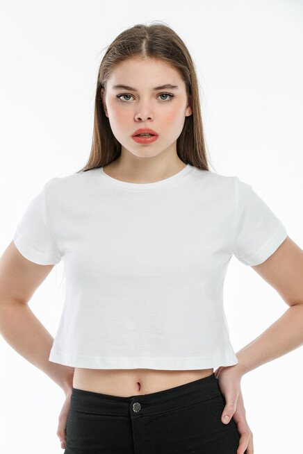 Süperlife Kadın Bisiklet Yaka Crop Örme Slim Fit Tişort SPR21Y13