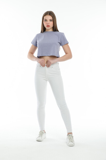 Süperlife Kadın Bisiklet Yaka Crop Örme Slim Fit Tişort SPR21Y13