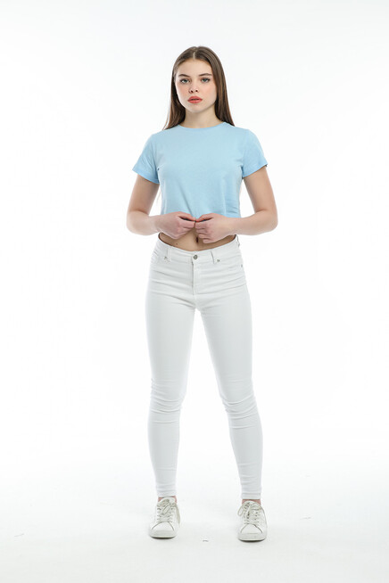 Süperlife Kadın Bisiklet Yaka Crop Örme Slim Fit Tişort SPR21Y13