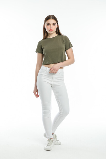 Süperlife Kadın Bisiklet Yaka Crop Örme Slim Fit Tişort SPR21Y13