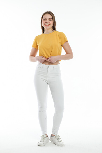 Süperlife Kadın Bisiklet Yaka Crop Örme Slim Fit Tişort SPR21Y13