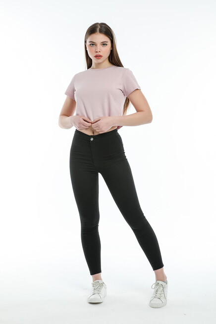 Süperlife Kadın Bisiklet Yaka Crop Örme Slim Fit Tişort SPR21Y13