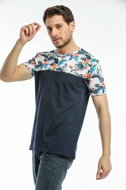 Süperlife Erkek Bisiklet Yaka Slim Fit Kol ve Ön Garnili Tişort SPR21Y06