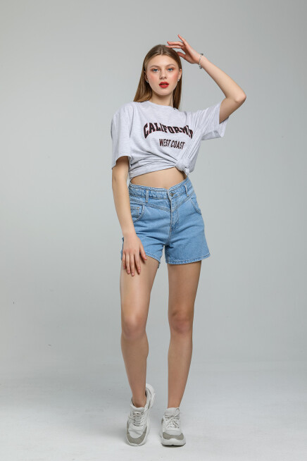 Süperlife Kadın Bisiklet Yaka Regular Fit Californıa Baskılı Tişort SPR21YK22