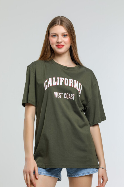 Süperlife Kadın Bisiklet Yaka Regular Fit Californıa Baskılı Tişort SPR21YK22