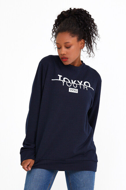 Süperlife Kadın Bisiklet Yaka Regular Fit Tokya Baskılı İnce Sweatshirt SPR22SWK134