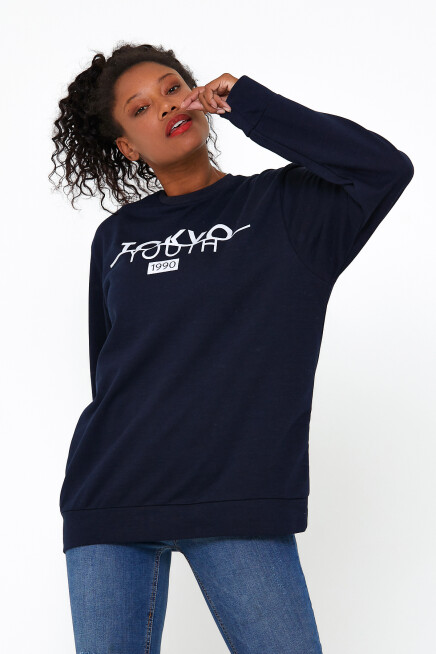 Süperlife Kadın Bisiklet Yaka Regular Fit Tokya Baskılı İnce Sweatshirt SPR22SWK134