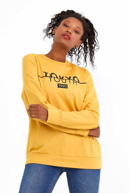 Süperlife Kadın Bisiklet Yaka Regular Fit Tokya Baskılı İnce Sweatshirt SPR22SWK134