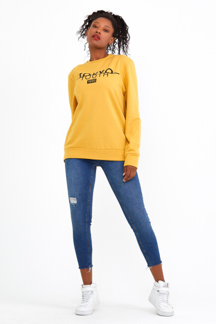 Süperlife Kadın Bisiklet Yaka Regular Fit Tokya Baskılı İnce Sweatshirt SPR22SWK134