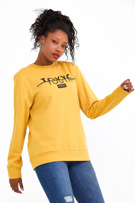 Süperlife Kadın Bisiklet Yaka Regular Fit Tokya Baskılı İnce Sweatshirt SPR22SWK134