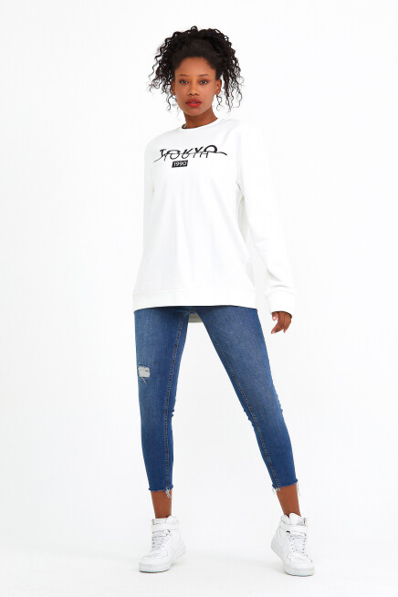 Süperlife Kadın Bisiklet Yaka Regular Fit Tokya Baskılı İnce Sweatshirt SPR22SWK134