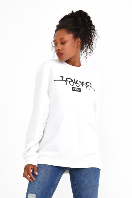 Süperlife Kadın Bisiklet Yaka Regular Fit Tokya Baskılı İnce Sweatshirt SPR22SWK134