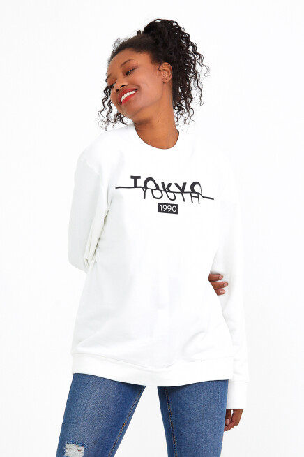 Süperlife Kadın Bisiklet Yaka Regular Fit Tokya Baskılı İnce Sweatshirt SPR22SWK134