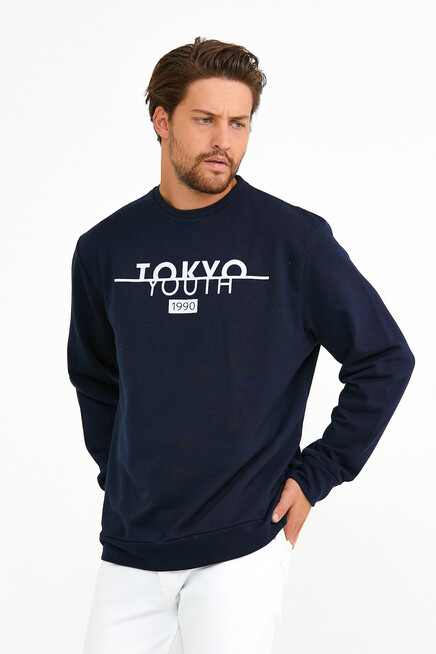 Süperlife Erkek Bisiklet Yaka Regular Fit Tokyo Basklı İnce Sweatshirt spr22sw134