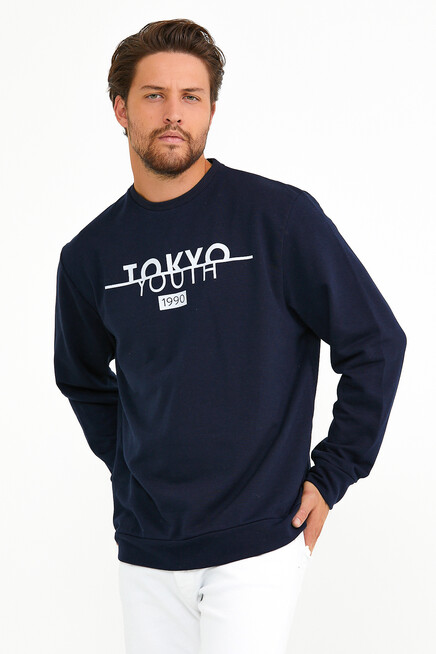 Süperlife Erkek Bisiklet Yaka Regular Fit Tokyo Basklı İnce Sweatshirt spr22sw134