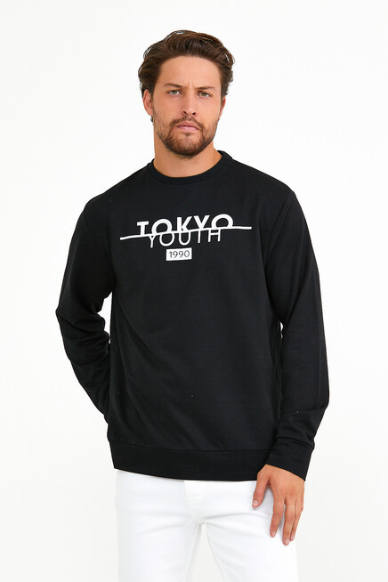 Süperlife Erkek Bisiklet Yaka Regular Fit Tokyo Basklı İnce Sweatshirt spr22sw134