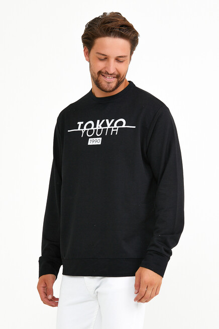 Süperlife Erkek Bisiklet Yaka Regular Fit Tokyo Basklı İnce Sweatshirt spr22sw134