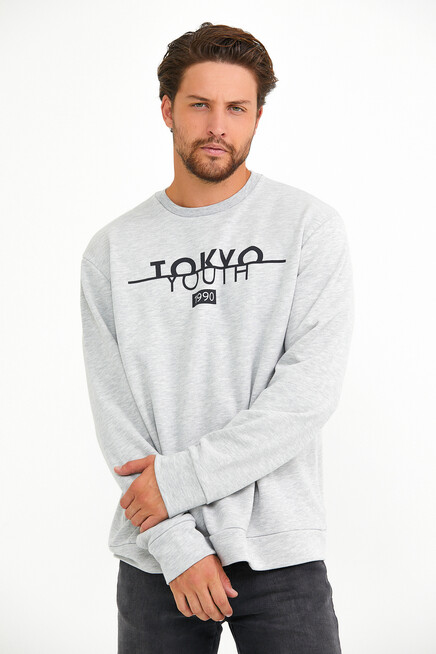 Süperlife Erkek Bisiklet Yaka Regular Fit Tokyo Basklı İnce Sweatshirt spr22sw134