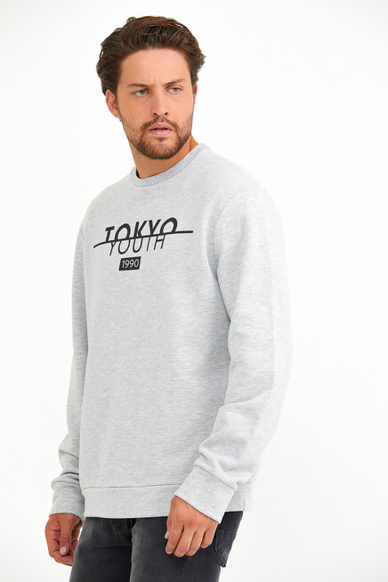 Süperlife Erkek Bisiklet Yaka Regular Fit Tokyo Basklı İnce Sweatshirt spr22sw134