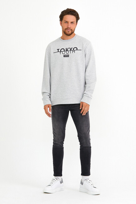 Süperlife Erkek Bisiklet Yaka Regular Fit Tokyo Basklı İnce Sweatshirt spr22sw134