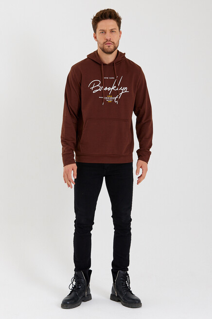 Süperlife Erkek Kapşonlu Regular Fit Brooklyn Baskılı İnce Sweatshirt SPR23SW361