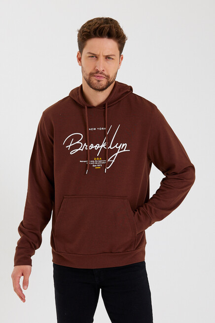 Süperlife Erkek Kapşonlu Regular Fit Brooklyn Baskılı İnce Sweatshirt SPR23SW361