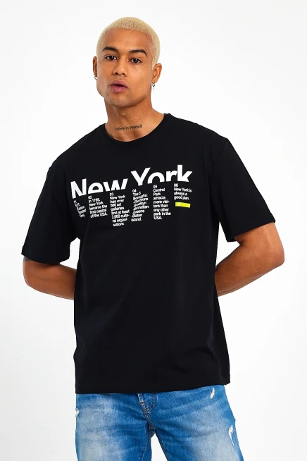Erkek Bisiklet Yaka Regular Fit New York Baskılı Tişort SPR22TS112