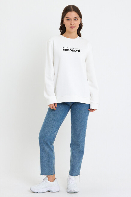 Süperlife Kadın Bisiklet Yaka Oversize Fit Brooklyn Baskılı İnce Sweatshirt SPR23SWK330