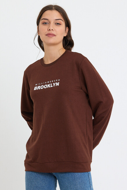 Süperlife Kadın Bisiklet Yaka Oversize Fit Brooklyn Baskılı İnce Sweatshirt SPR23SWK330