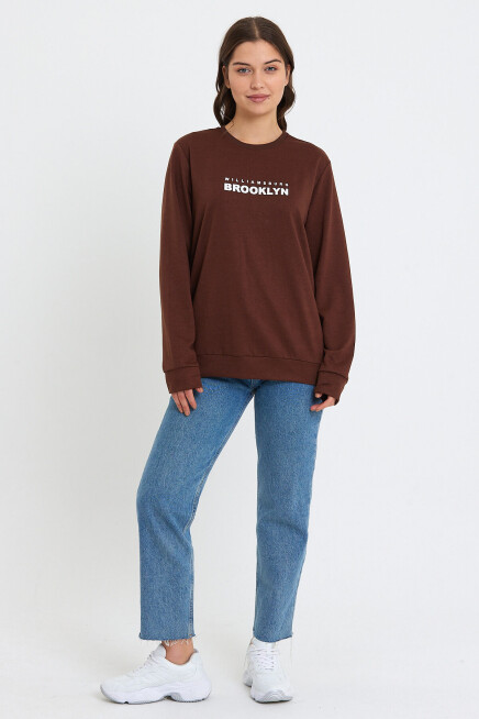 Süperlife Kadın Bisiklet Yaka Oversize Fit Brooklyn Baskılı İnce Sweatshirt SPR23SWK330