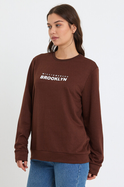 Süperlife Kadın Bisiklet Yaka Oversize Fit Brooklyn Baskılı İnce Sweatshirt SPR23SWK330