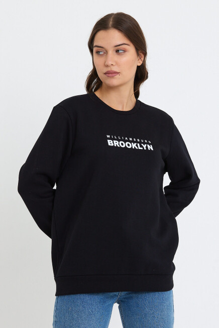 Süperlife Kadın Bisiklet Yaka Oversize Fit Brooklyn Baskılı İnce Sweatshirt SPR23SWK330