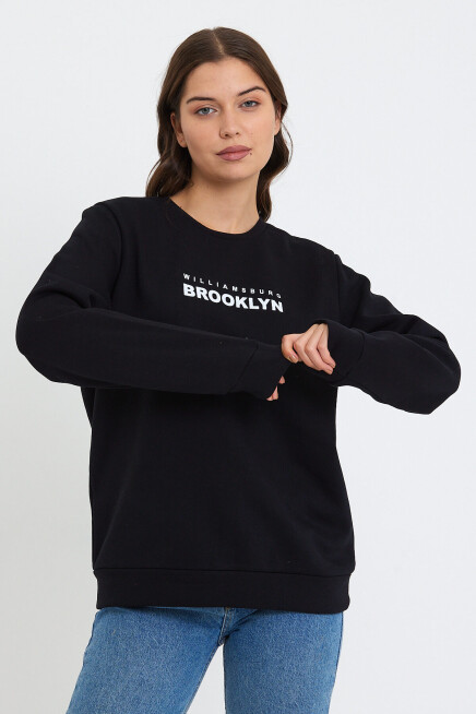 Süperlife Kadın Bisiklet Yaka Oversize Fit Brooklyn Baskılı İnce Sweatshirt SPR23SWK330