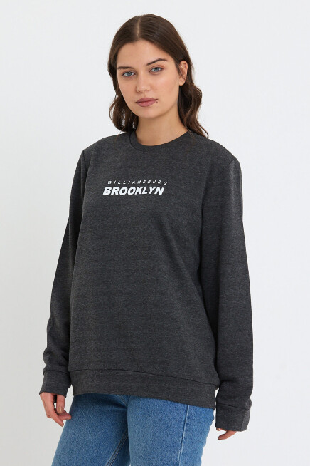 Süperlife Kadın Bisiklet Yaka Oversize Fit Brooklyn Baskılı İnce Sweatshirt SPR23SWK330