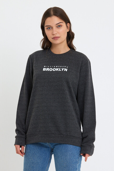 Süperlife Kadın Bisiklet Yaka Oversize Fit Brooklyn Baskılı İnce Sweatshirt SPR23SWK330