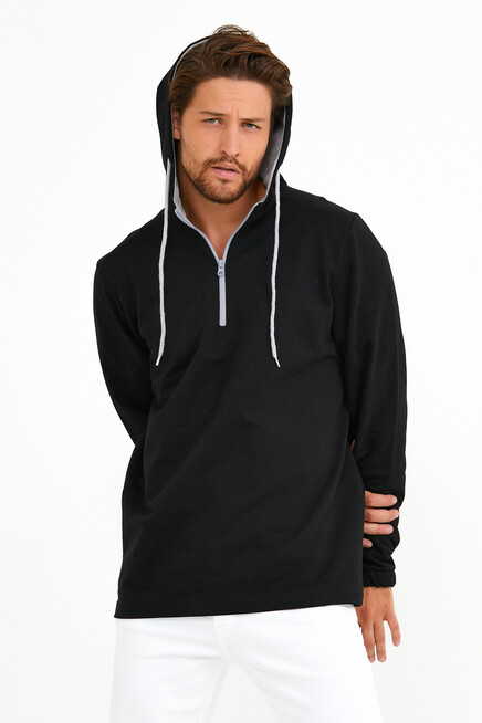 Süperlife Erkek Kapşonlu Regular Fit Yarım Fermuarlı İnce Sweatshirt SPR22SW170