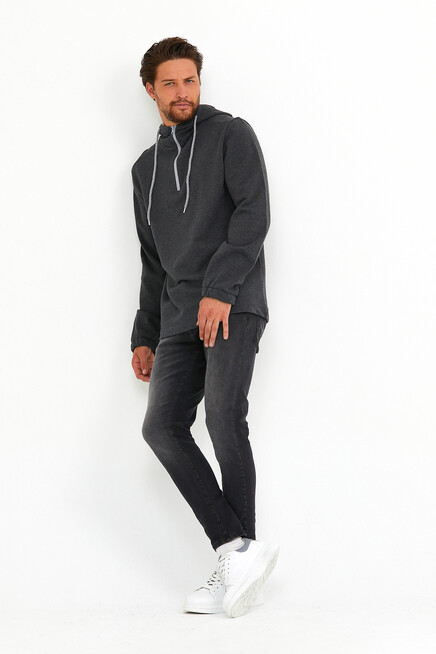 Süperlife Erkek Kapşonlu Regular Fit Yarım Fermuarlı İnce Sweatshirt SPR22SW170