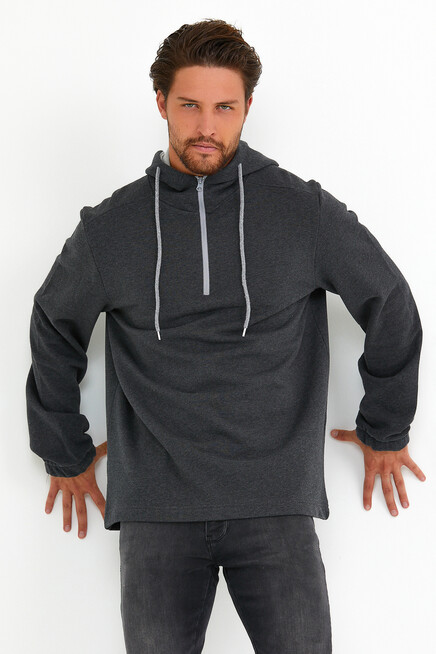 Süperlife Erkek Kapşonlu Regular Fit Yarım Fermuarlı İnce Sweatshirt SPR22SW170