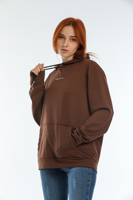 Süperlife Kadın Kapüşonlu Oversize Brooklyn Baskılı İnce Sweatshirt SPR22SWK161