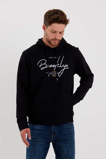 Süperlife Erkek Kapşonlu Regular Fit Brooklyn Baskılı İnce Sweatshirt SPR23SW361