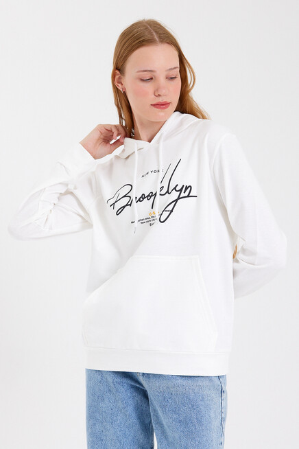 Süperlife Kadın Kapşonlu Regular Fit El Yazılı Brooklyn Baskılı İnce Sweatshirt SPR23SWk361