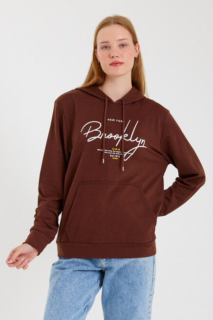 Süperlife Kadın Kapşonlu Regular Fit El Yazılı Brooklyn Baskılı İnce Sweatshirt SPR23SWk361