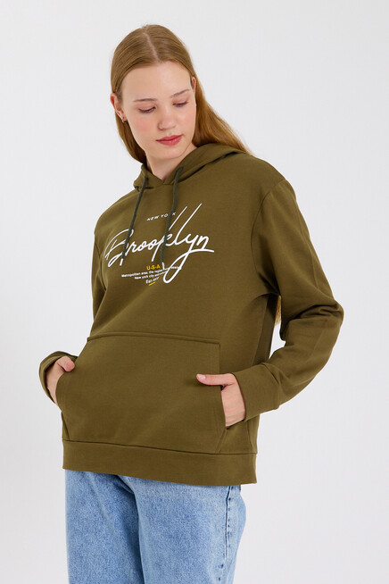 Süperlife Kadın Kapşonlu Regular Fit El Yazılı Brooklyn Baskılı İnce Sweatshirt SPR23SWk361