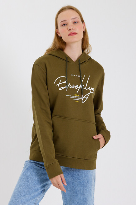 Süperlife Kadın Kapşonlu Regular Fit El Yazılı Brooklyn Baskılı İnce Sweatshirt SPR23SWk361