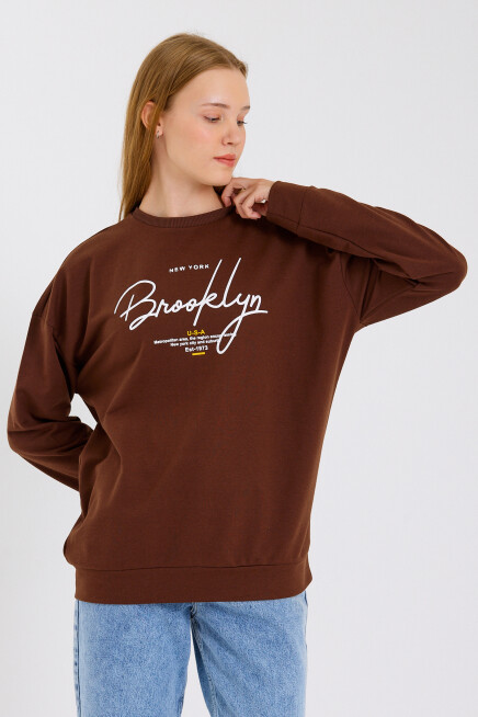 Süperlife Kadın Bisiklet Yaka Regular Fit El Yazılı Brooklyn İnce Sweatshirt SPR23SWK331